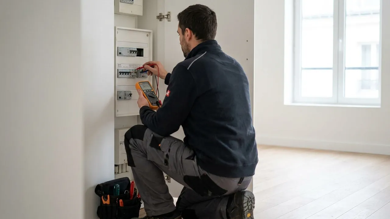 Électricien testant un à un les disjoncteurs d'un tableau électrique dans un appartement de Courbevoie