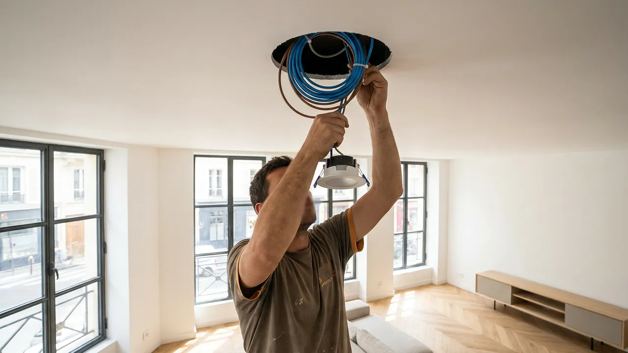 Électricien encastrant des spots LED dans un faux plafond, câblage apparent dans la découpe, appartement de Courbevoie