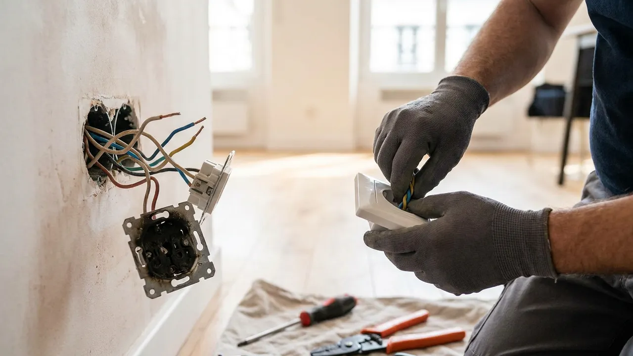 Électricien remplaçant une prise murale noircie par la chauffe dans un logement de Courbevoie