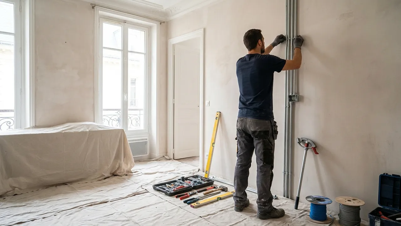 Électricien posant des gaines électriques neuves le long d'un mur en rénovation à Courbevoie